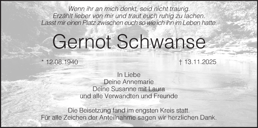  Traueranzeige für Gernot Schwanse vom 03.12.2025 aus MGO