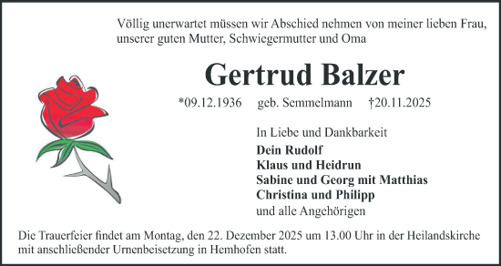 Anzeige von Gertrud Balzer von MGO