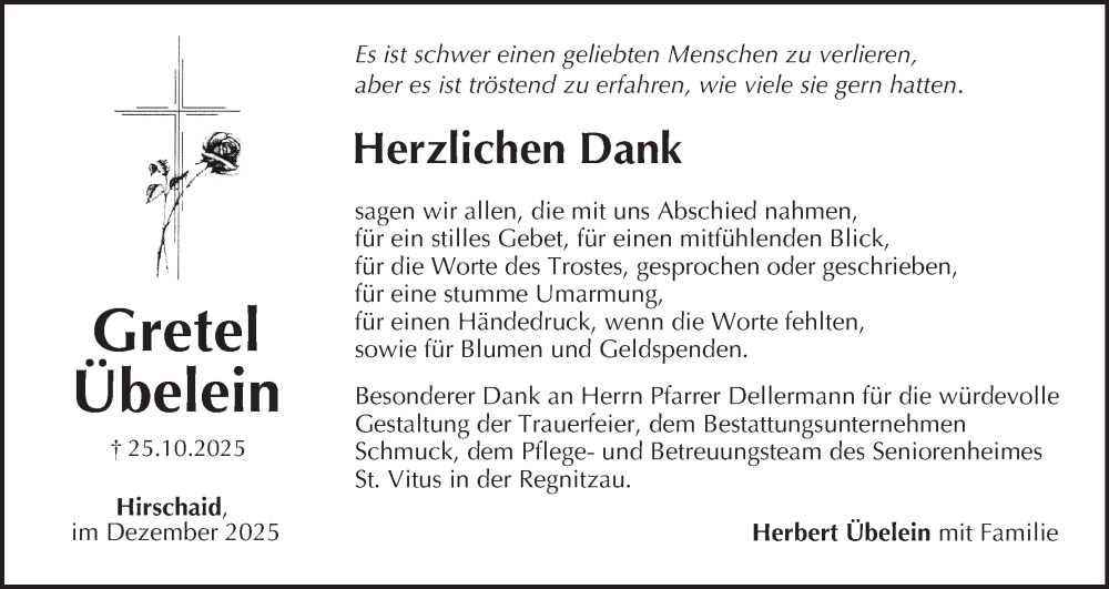 Traueranzeige für Gretel Übelein vom 06.12.2025 aus MGO