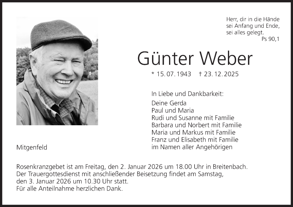  Traueranzeige für Günter Weber vom 30.12.2025 aus MGO