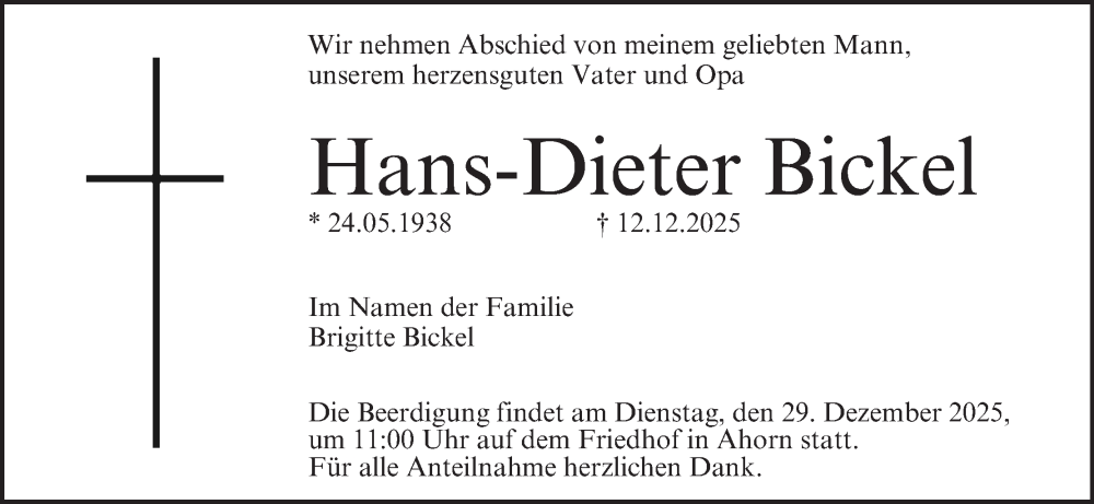  Traueranzeige für Hans-Dieter Bickel vom 20.12.2025 aus MGO