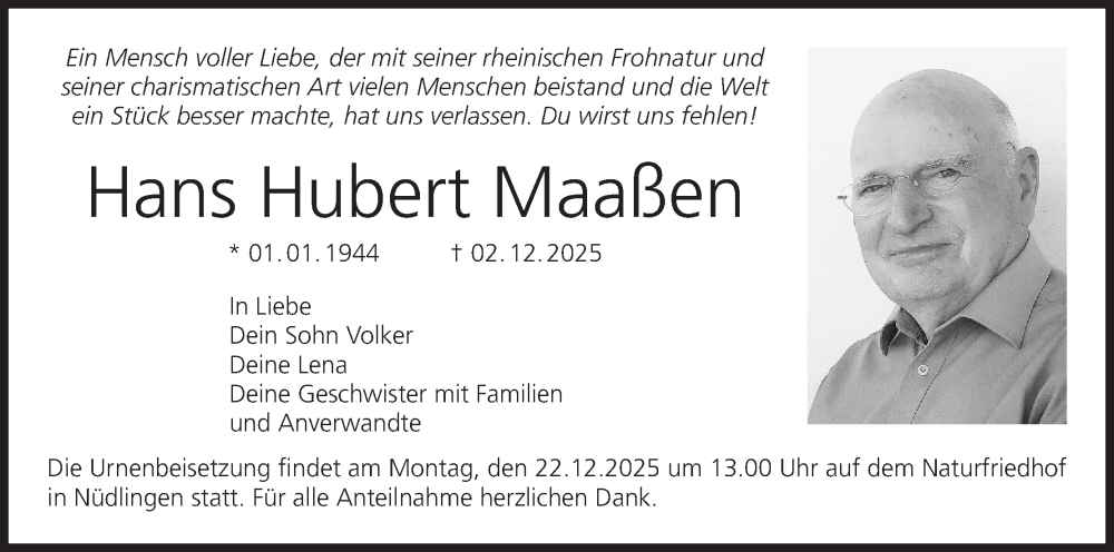  Traueranzeige für Hans Hubert Maaßen vom 06.12.2025 aus MGO