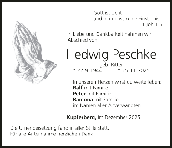 Anzeige von Hedwig Peschke von MGO