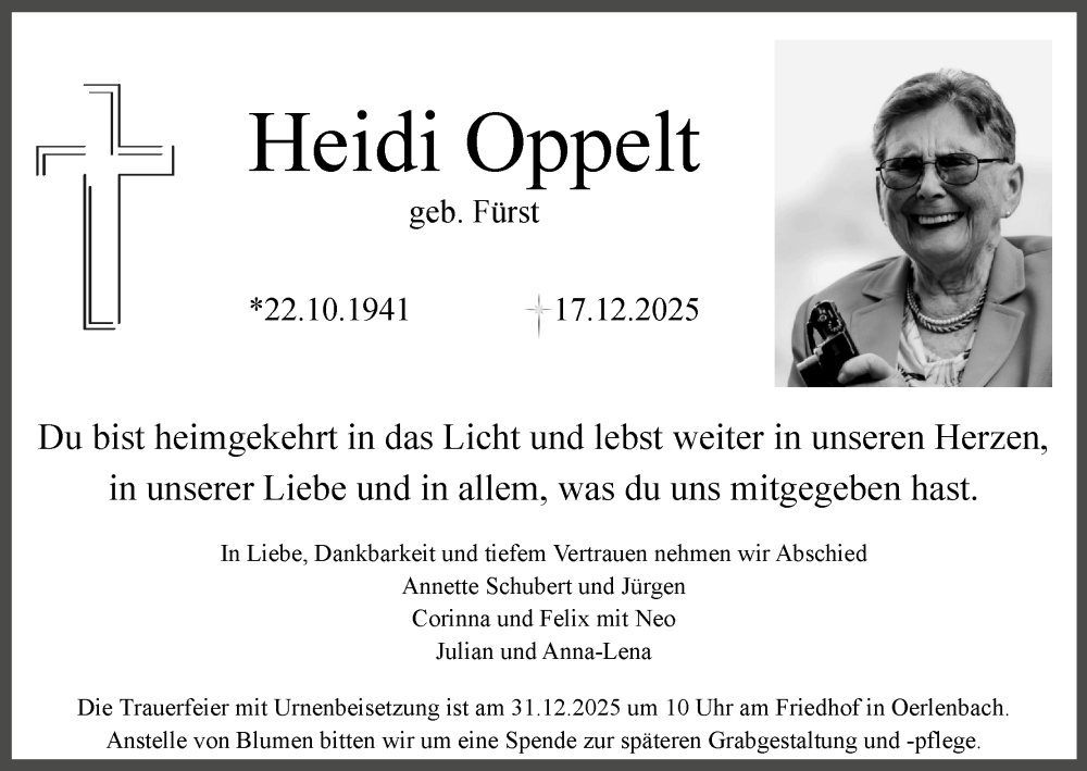  Traueranzeige für Heidi Oppelt vom 27.12.2025 aus MGO