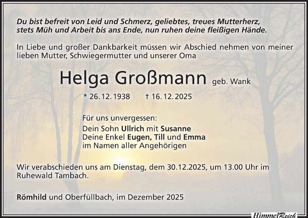  Traueranzeige für Helga Großmann vom 27.12.2025 aus MGO
