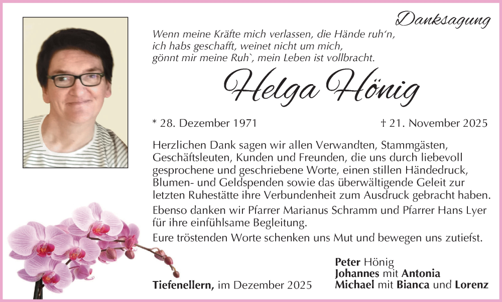  Traueranzeige für Helga Hönig vom 13.12.2025 aus MGO