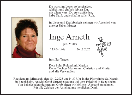 Anzeige von Inge Arneth von MGO