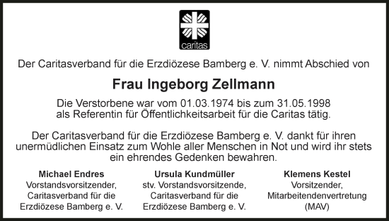 Anzeige von Ingeborg Zellmann von MGO