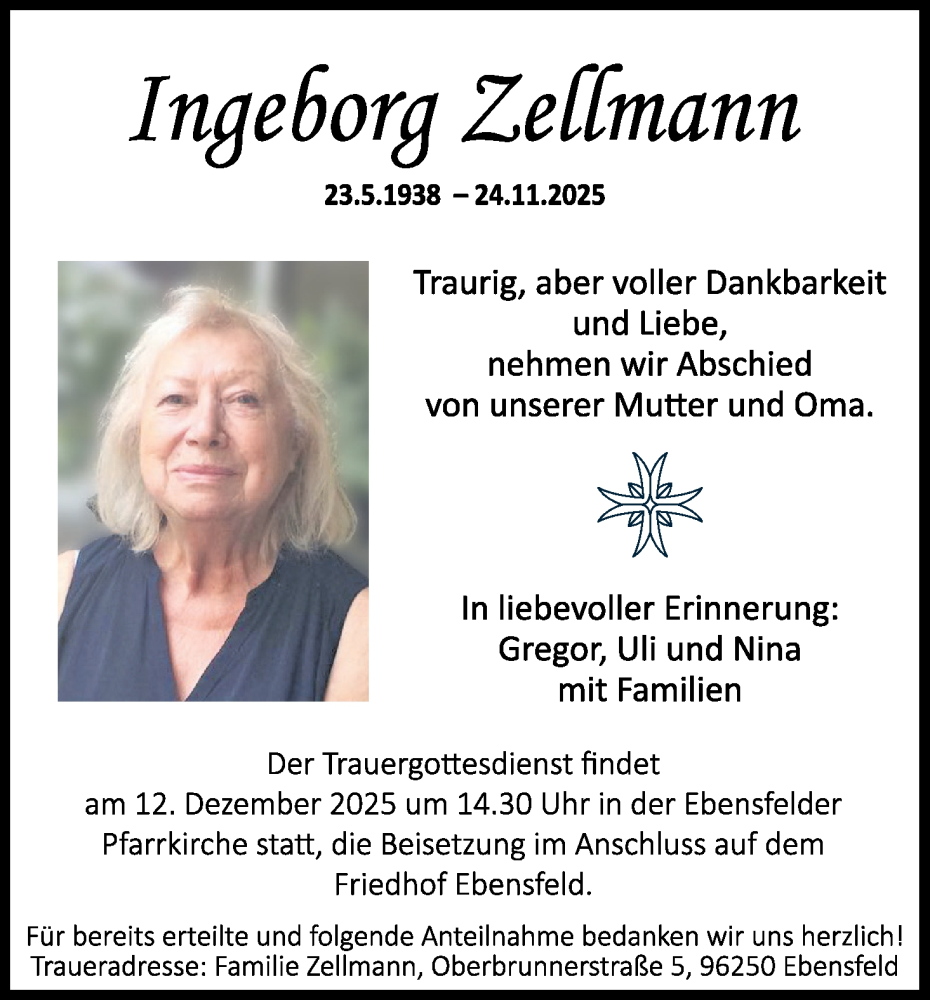 Traueranzeige für Ingeborg Zellmann vom 06.12.2025 aus MGO