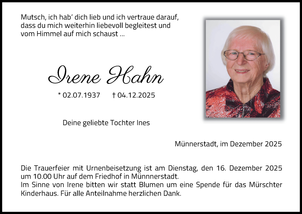  Traueranzeige für Irene Hahn vom 13.12.2025 aus MGO