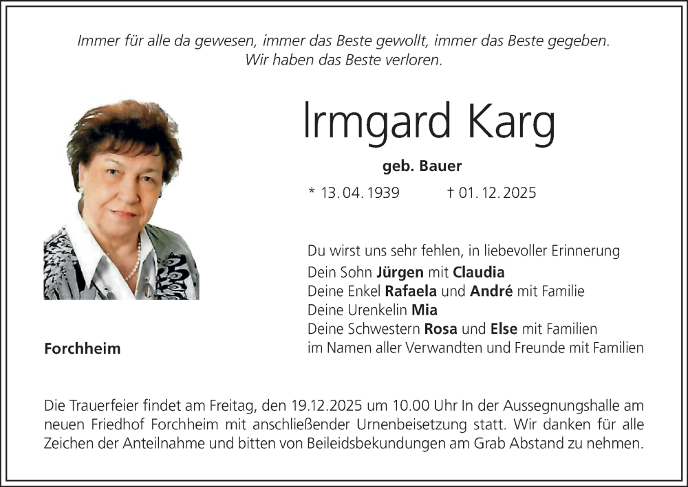  Traueranzeige für Irmgard Karg vom 13.12.2025 aus MGO