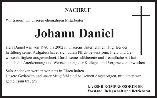 Anzeige von Johann Daniel von MGO