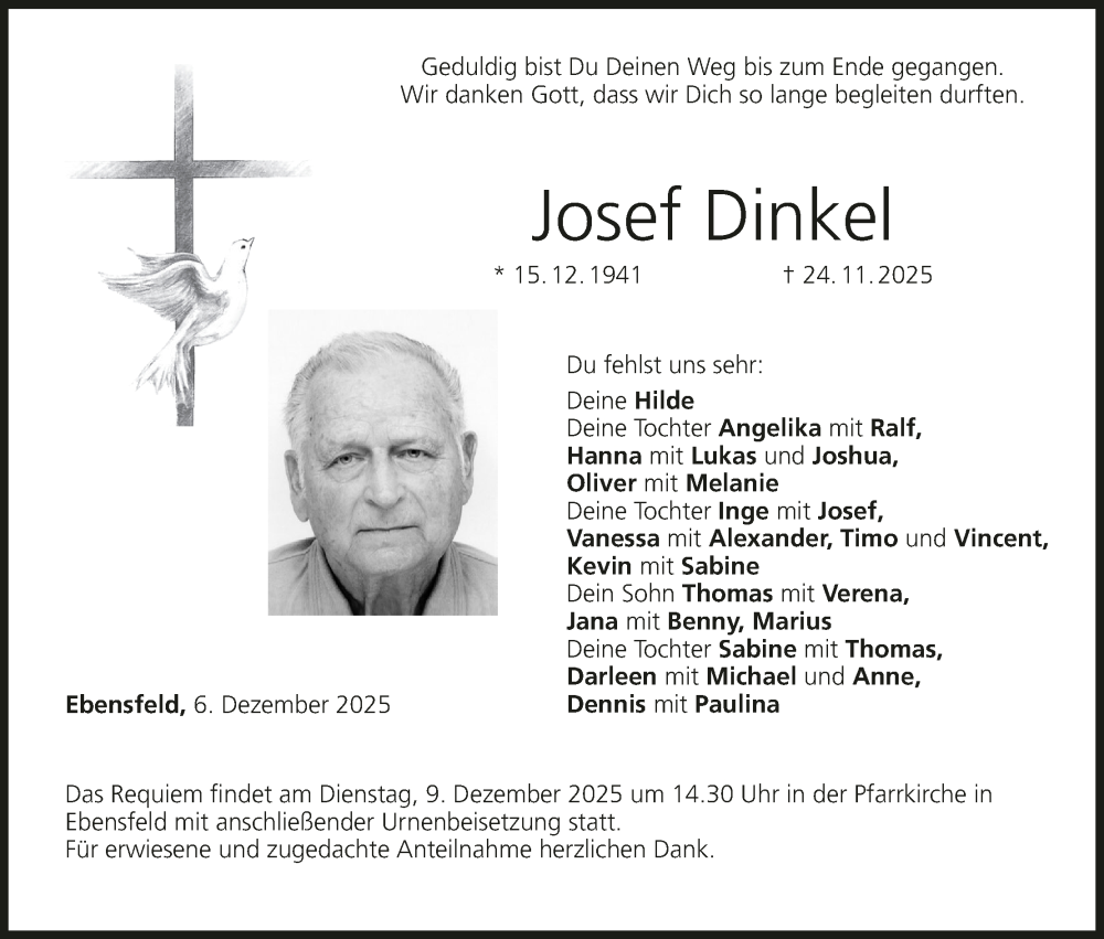  Traueranzeige für Josef Dinkel vom 06.12.2025 aus MGO