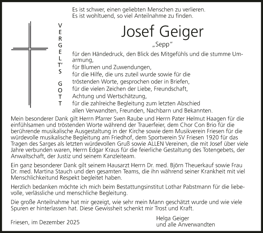  Traueranzeige für Josef Geiger vom 20.12.2025 aus MGO