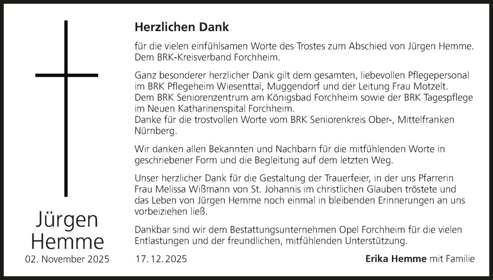  Traueranzeige für Jürgen Hemme vom 20.12.2025 aus MGO
