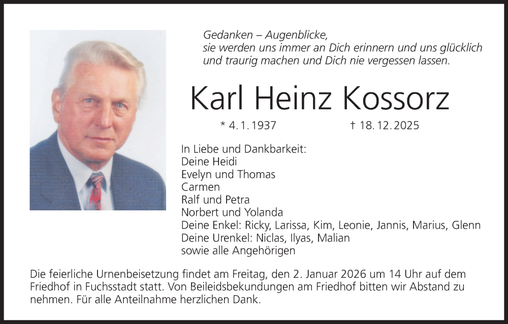  Traueranzeige für Karl Heinz Kossorz vom 27.12.2025 aus MGO
