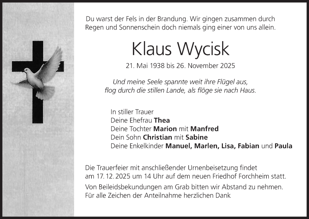  Traueranzeige für Klaus Wycisk vom 13.12.2025 aus MGO