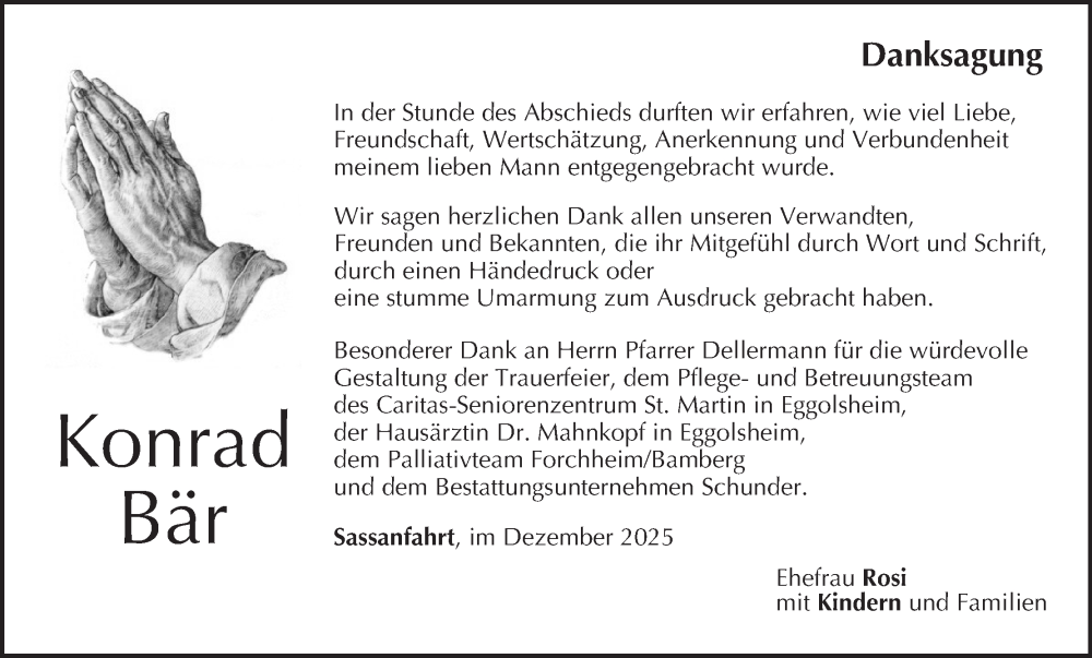  Traueranzeige für Konrad Bär vom 13.12.2025 aus MGO