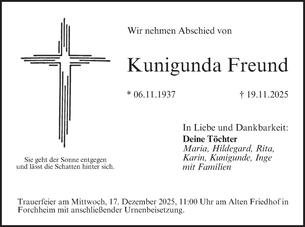  Traueranzeige für Kunigunda Freund vom 13.12.2025 aus MGO