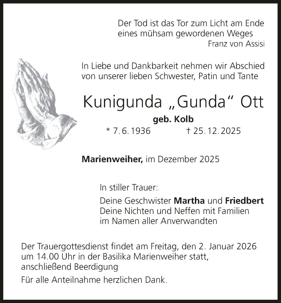  Traueranzeige für Kunigunda Ott vom 30.12.2025 aus MGO