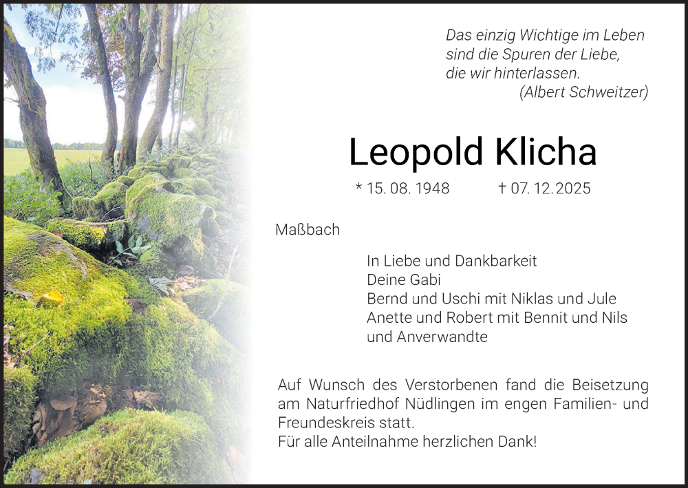  Traueranzeige für Leopold Klicha vom 23.12.2025 aus MGO
