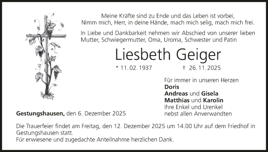 Anzeige von Liesbeth Geiger von MGO