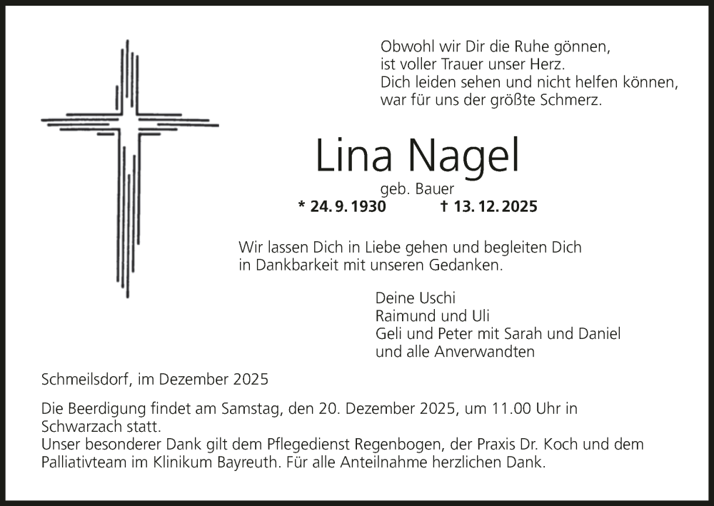  Traueranzeige für Lina Nagel vom 19.12.2025 aus MGO