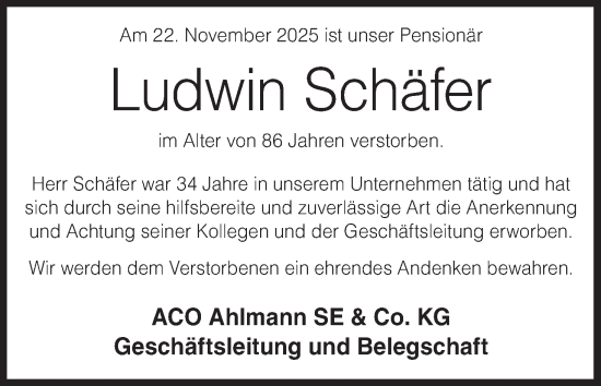 Anzeige von Ludwin Schäfer von MGO
