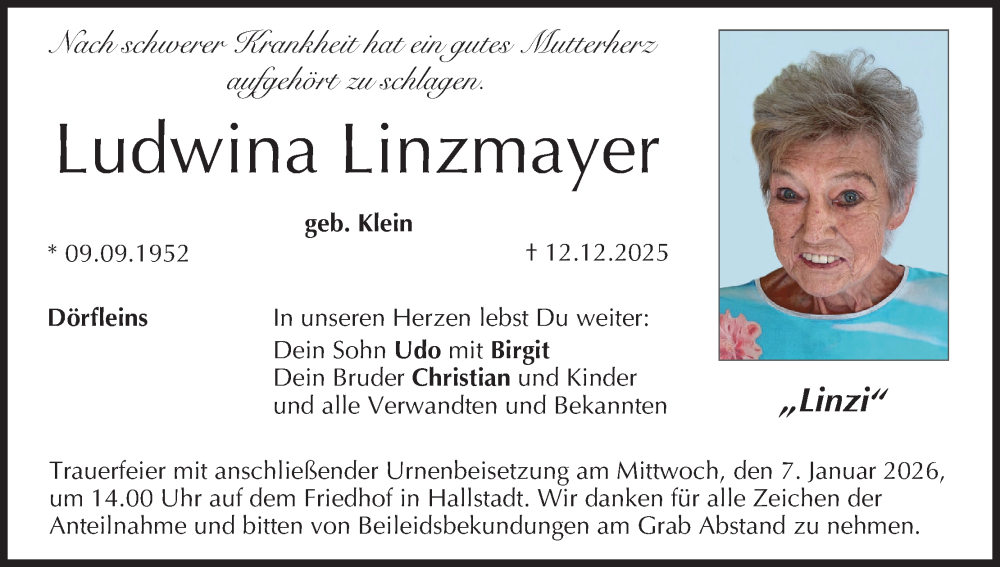  Traueranzeige für Ludwina Linzmayer vom 20.12.2025 aus MGO