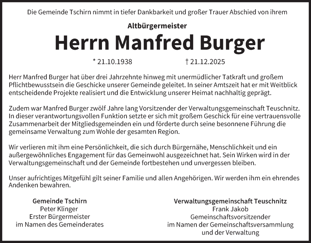  Traueranzeige für Manfred Burger vom 24.12.2025 aus MGO