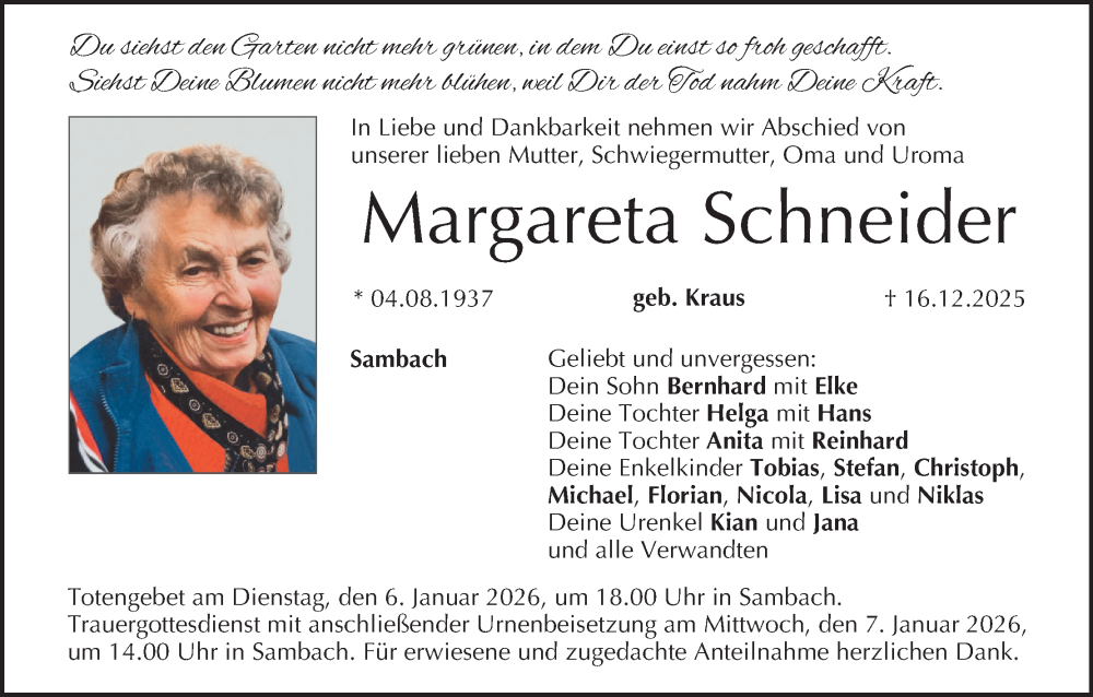  Traueranzeige für Margareta Schneider vom 27.12.2025 aus MGO