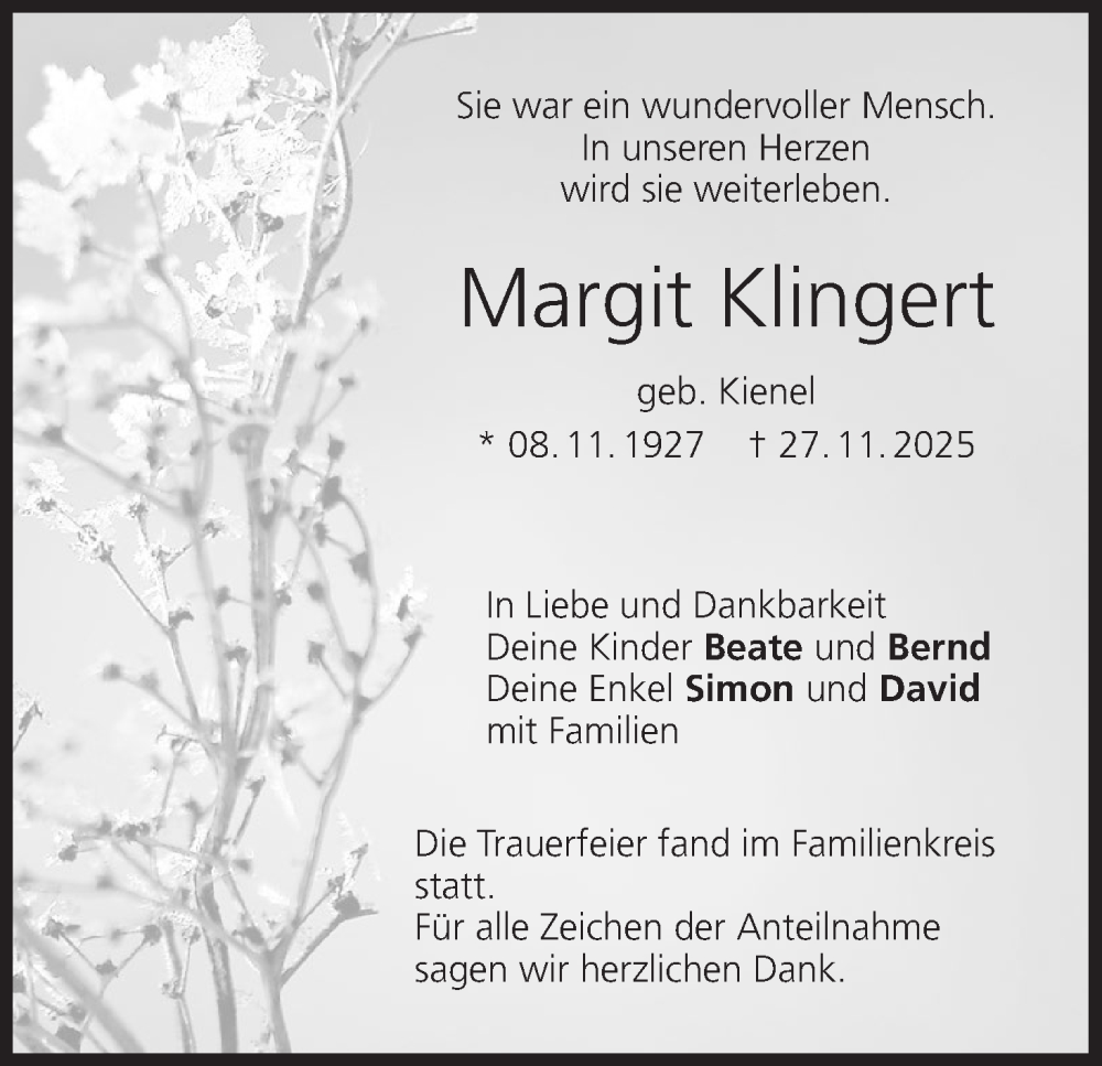  Traueranzeige für Margit Klingert vom 20.12.2025 aus MGO
