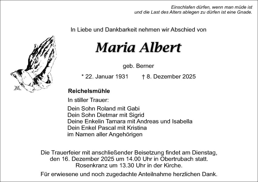  Traueranzeige für Maria Albert vom 13.12.2025 aus MGO