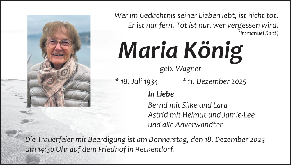  Traueranzeige für Maria König vom 13.12.2025 aus MGO