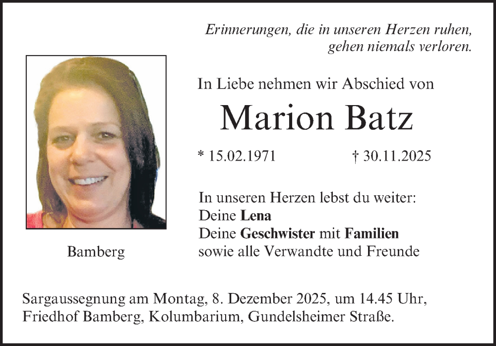  Traueranzeige für Marion Batz vom 06.12.2025 aus MGO