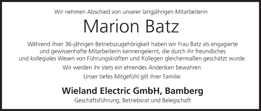  Traueranzeige für Marion Batz vom 06.12.2025 aus MGO