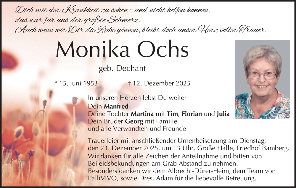  Traueranzeige für Monika Ochs vom 20.12.2025 aus MGO