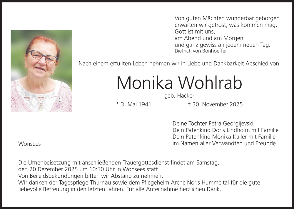  Traueranzeige für Monika Wohlrab vom 13.12.2025 aus MGO