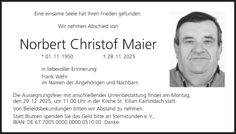  Traueranzeige für Norbert Christof Maier vom 27.12.2025 aus MGO