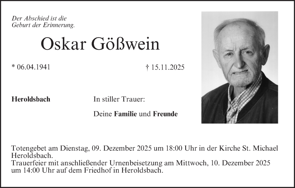  Traueranzeige für Oskar Gößwein vom 06.12.2025 aus MGO