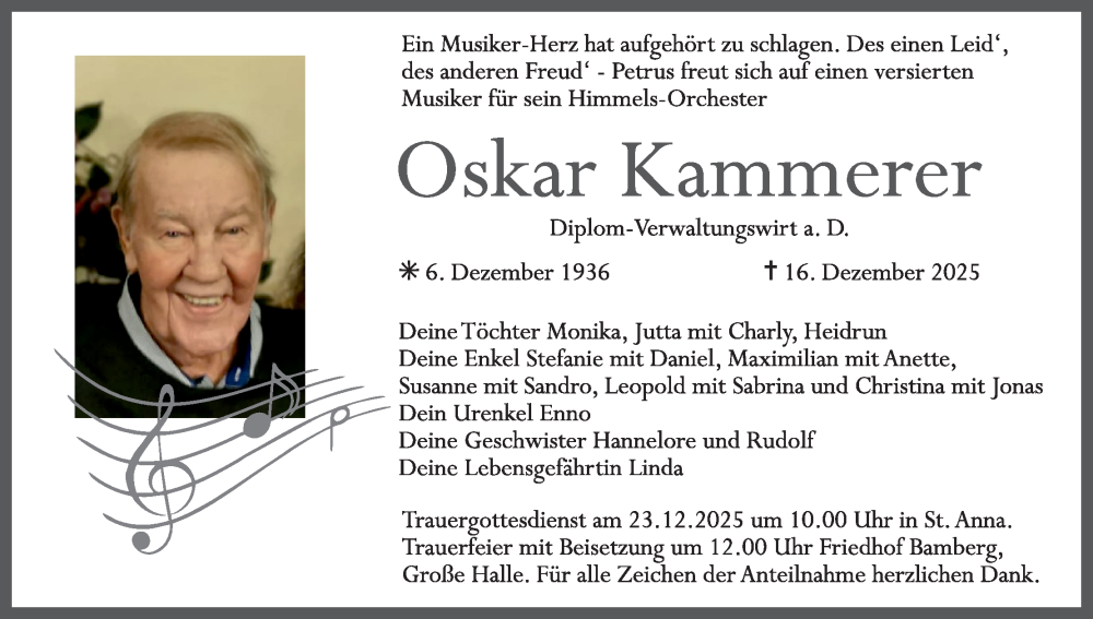  Traueranzeige für Oskar Kammerer vom 20.12.2025 aus MGO
