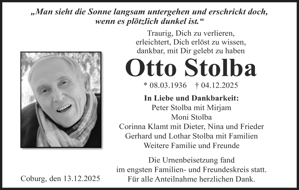  Traueranzeige für Otto Stolba vom 13.12.2025 aus MGO