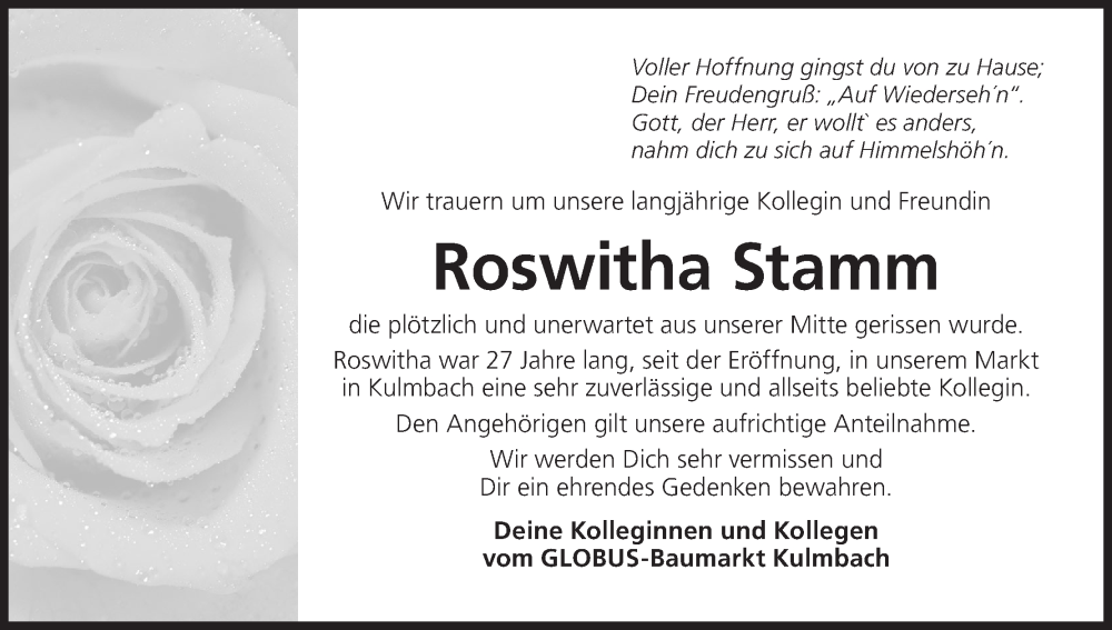  Traueranzeige für Roswitha Stamm vom 16.12.2025 aus MGO