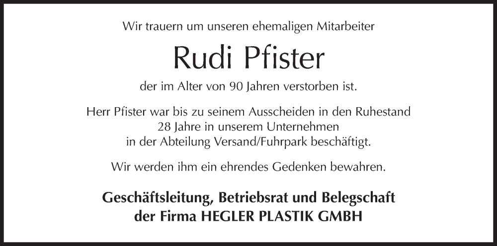  Traueranzeige für Rudi Pfister vom 13.12.2025 aus MGO