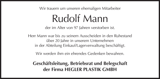 Anzeige von Rudolf Mann von MGO