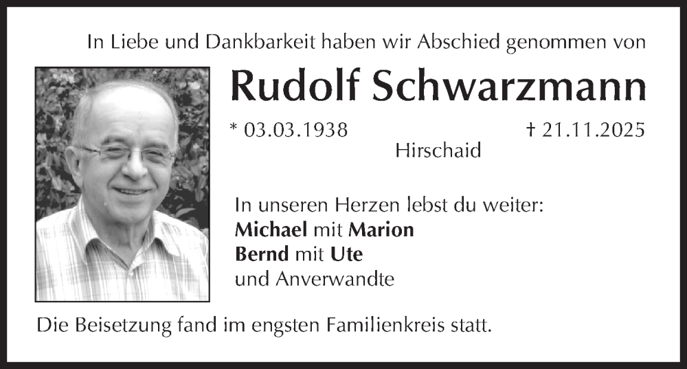  Traueranzeige für Rudolf Schwarzmann vom 13.12.2025 aus MGO