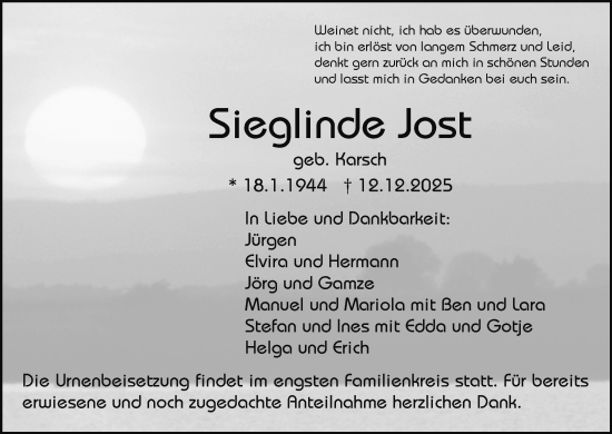 Anzeige von Sieglinde Jost von MGO