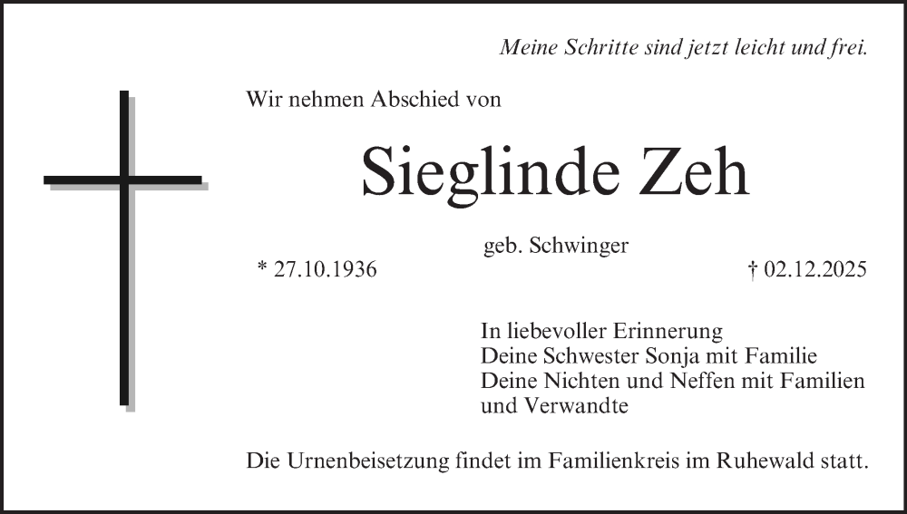  Traueranzeige für Sieglinde Zeh vom 06.12.2025 aus MGO