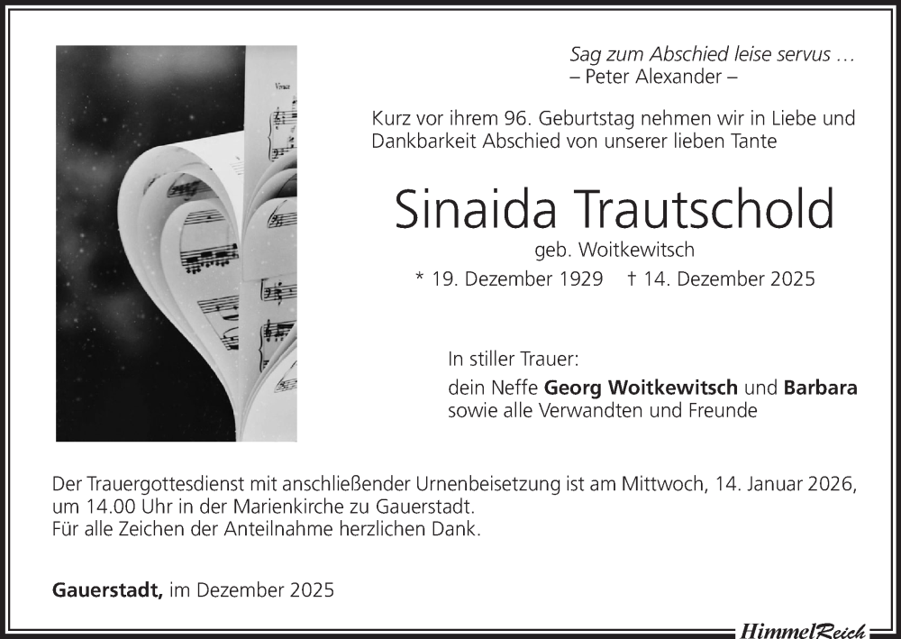  Traueranzeige für Sinaida Trautschold vom 20.12.2025 aus MGO