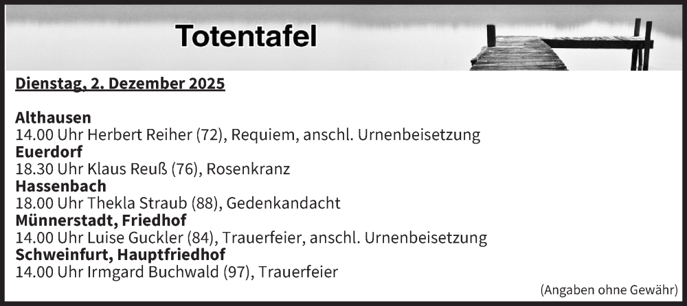  Traueranzeige für Totentafel vom 02.12.2025 vom 02.12.2025 aus MGO